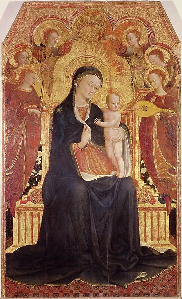 Madonna and Child Enthroned with Six Angels, central panel from an altarpiece, 1437-44