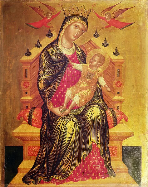 Madonna and Child enthroned with two angels (tempera on panel)