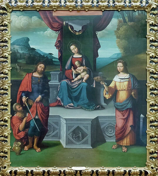 Madonna and Child enthroned with st Martin and st Rosalia, 1500 circa, (oil on wood)