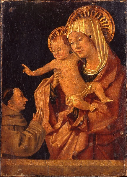 The Madonna and Child with a Franciscan monk in adoration (tempera on gold ground panel)