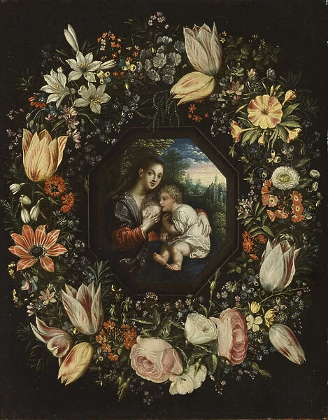Madonna and Child in a garland of flowers, c. 1625 (oil on copper)