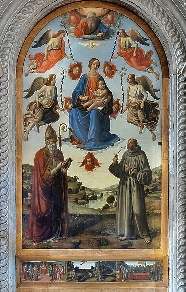 Madonna with Child in glory, Saint Ambrose, Saint Francis of Assisi, God the Father and angels'. Altarpiece (fresco)