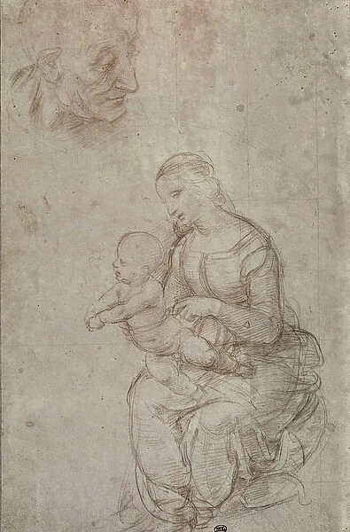 Madonna and child and head of an old man (metal point on prepared pale pink paper)