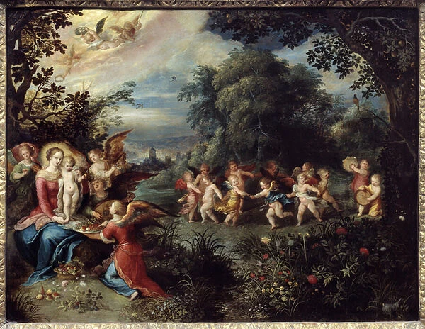 Madonna has the child in a landscape surrounded by musicians and dancing angels