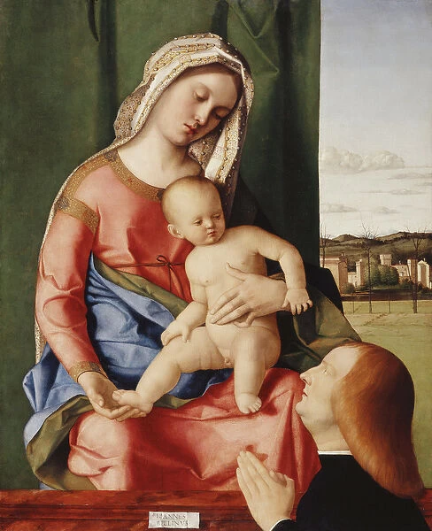The Madonna and Child with a Male Donor, a landscape beyond, (oil on panel)