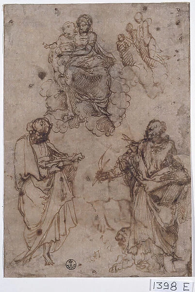 Madonna and Child seated on clouds with saints, or apostles (pen & ink on paper)