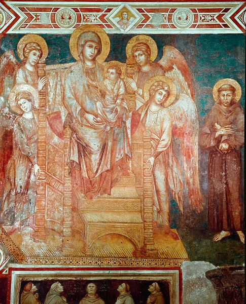 Madonna has children on the throne, four angels and Saint Francois of Assisi Fresco of