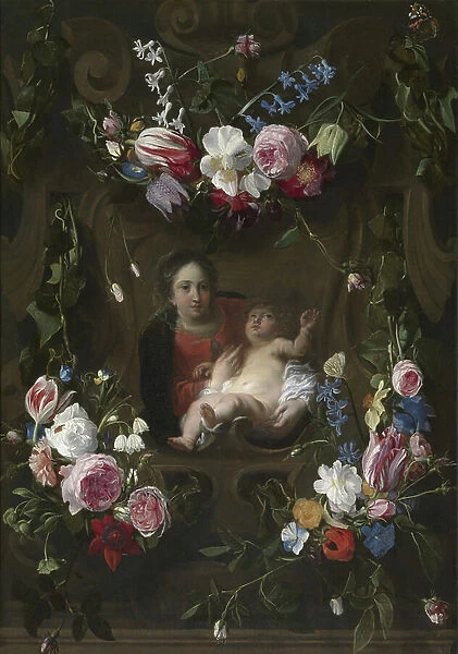 Madonna surrounded by a Garland of Flowers (oil on panel)