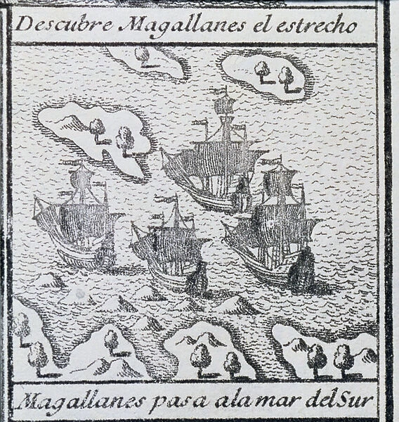 The Magellan fleet on its way to the South Sea after crossing the Strait, 1726 (engraving)