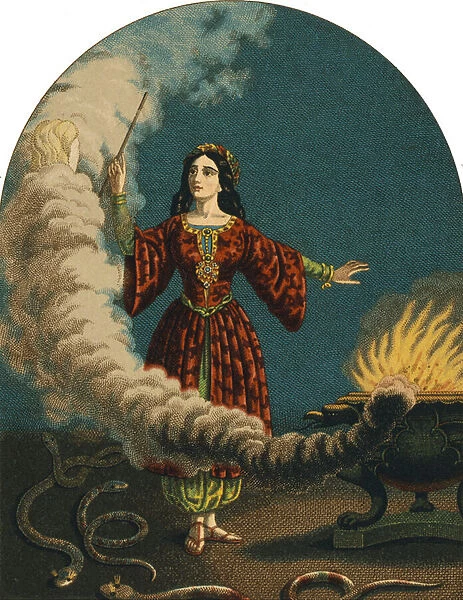 A magician (witch) preparing sortileges with a magic wand, a cauldron and snakes