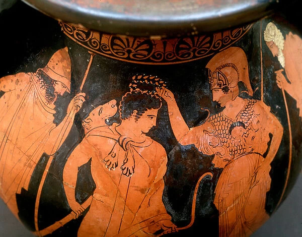 Magna graecia: detail of vase by Kleophon painter representing Goddess Athena crowning