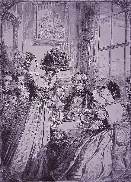 The maid brings in Christmas pudding, 1870 (engraving)