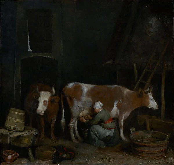 A Maid Milking a Cow in a Barn, c. 1652-54 (oil on panel)