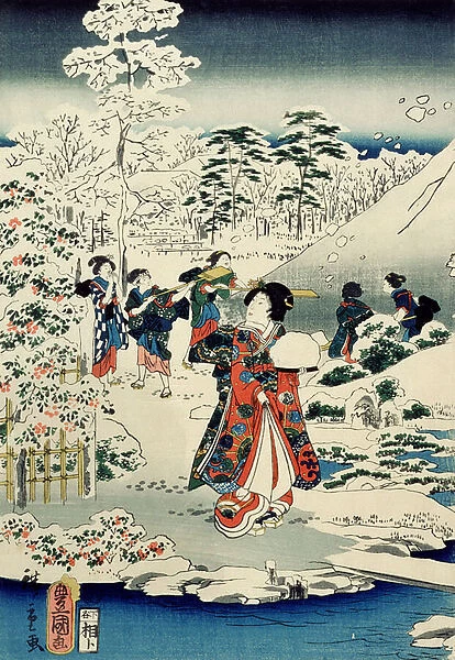 Maids in a snow-covered garden, 1859 (colour woodblock print)
