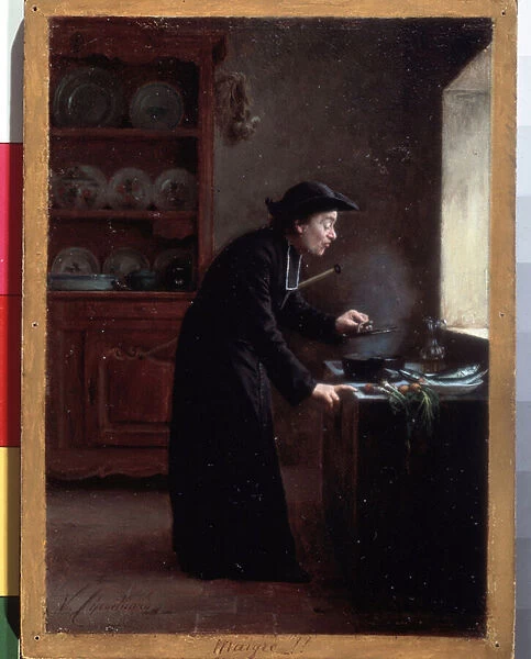 'Maigre!'(Lenten fare) Un cure cuisinant pendant la periode du Careme. Peinture de Vincent Jean-Baptiste (Jean Baptiste) Chevilliard (1841-1904) Musee de l Ermitage, Saint Petersbourg, Russie