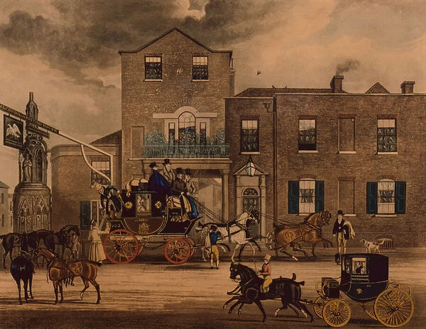 Mail Changing Horses, 1832 (coloured engraving)