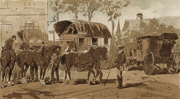 Mail coach, coach of the Royal Dutch courier service and carriage, Netherlands, 19th Century (litho)