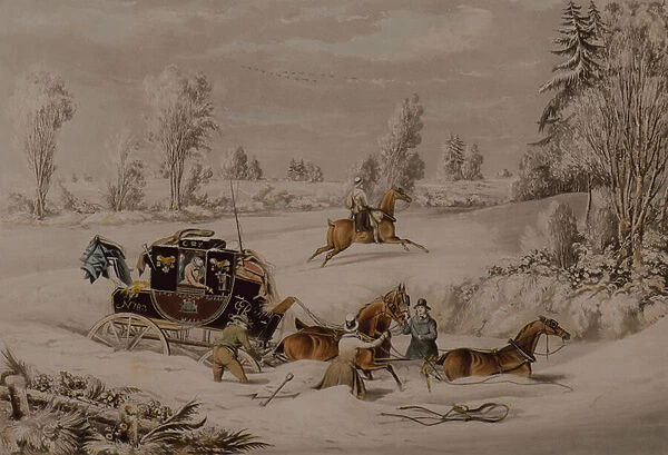 The Mail Coach in a Drift of Snow, 1825 (coloured engraving)
