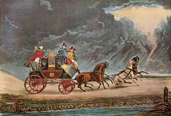 Mail Coach in thunderstorm (colour litho)
