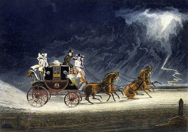 The Mail Coach in a Thunderstorm, engraved by R. G. Reeve, 1827 (colour litho)