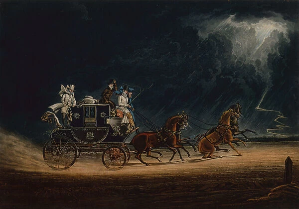The Mail Coach in a Thunderstorm on Newmarket Heath, 1827 (coloured engraving)
