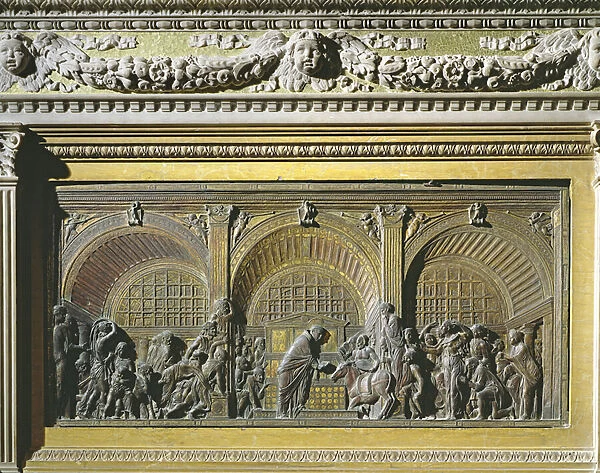 Main altar, Miracle of the Mule (bronze)