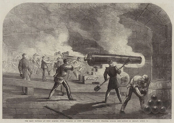 The Main Battery at Fort Sumter, Guns bearing on Fort Moultrie and the Channel during the Action of Friday, 12 April (engraving)