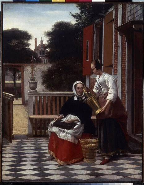 Maitresse et sa servante. (A Mistress and Her Maid). Maitresse de maison sur la terrasse occupee a un ouvrage de couture regarde le travail accompli par sa servante. Peinture de Pieter de Hooch (1629-1684), 1660. Huile sur toile