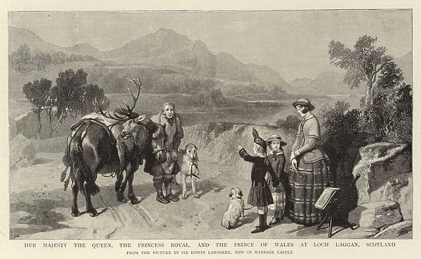 Her Majesty The Queen, the Princess Royal, and the Prince of Wales at Loch Laggan, Scotland (engraving)