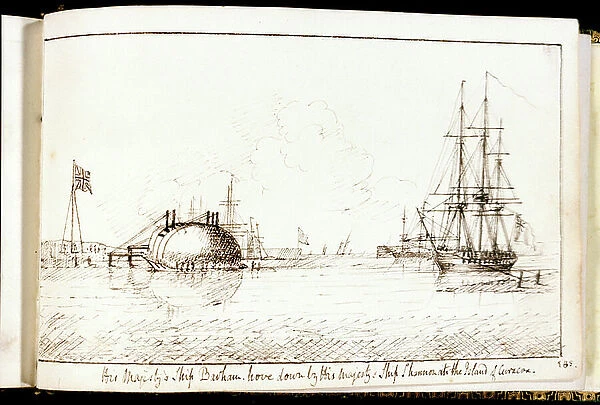 His Majesty's Ship Barham hove down by His Majesty's Ship Shannon at the Island of Curacoa, c.1840 (pen drawing)
