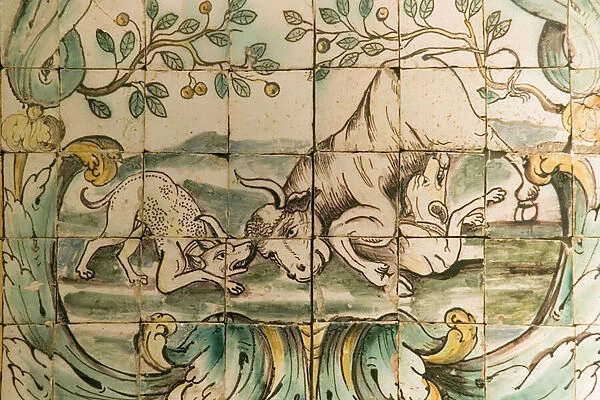 Majolica tiles depicting dogs attacking a bull, from The Hunting Room at Palacio da Praia, Belem, c. 1680 (ceramic)