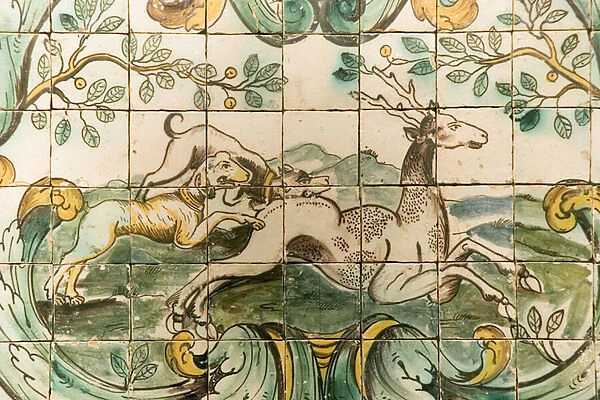Majolica tiles depicting dogs chasing a deer from The Hunting Room