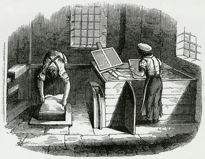 Framed Print : Making paper by hand by sieving pulp in forms. Engraving 1845