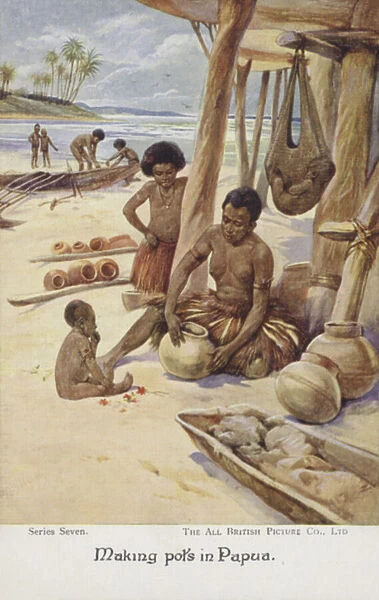 Making pots in Papua (colour litho)