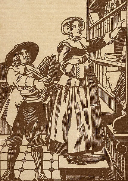 Male and female booksellers working in a 17th century bookshop (litho)