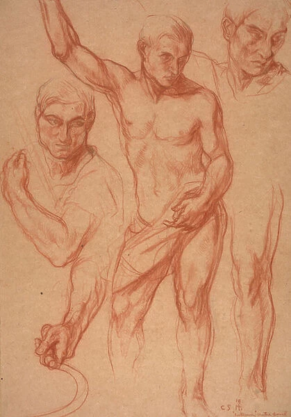 Male figure study with re-studies of head, arms, shoulder