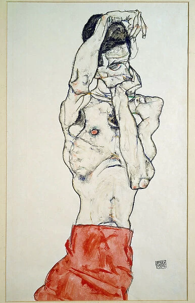 Male nude with red sheet (self-portrait), 1914 (Pencil, watercolor and tempera on paper)