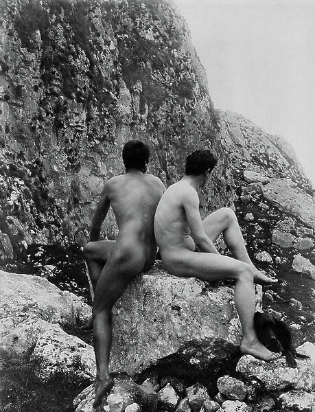 Two male nudes on a rock, 1890 (b / w photo)