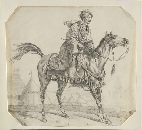 A Mameluke Mounting his Horse (black chalk on paper)