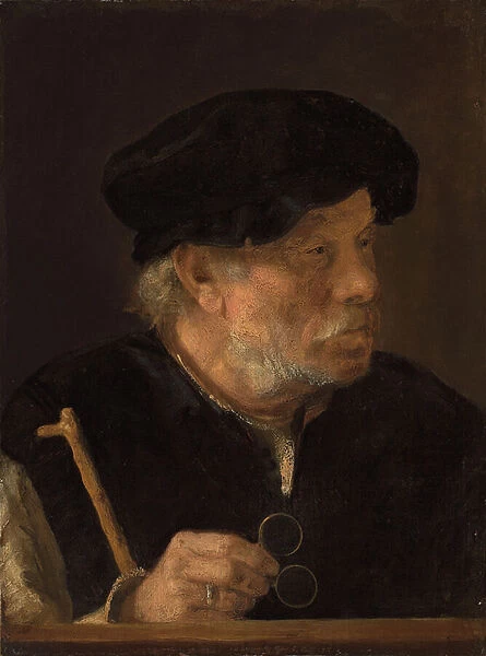 A man, bust-length, holding a cane and his spectacles, by a wooden ledge (oil on panel)