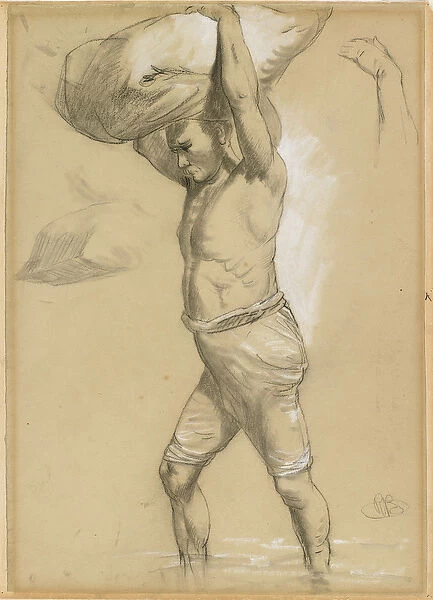 Man Carrying a Bundle, 1870s-80s (black chalk or charcoal heightened with white)