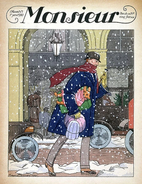 Man with Christmas gift in a snowy street, front cover of Monsieur, January 1920 (pochoir print)