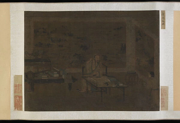 Man cleaning his ear (ink and colour on silk)
