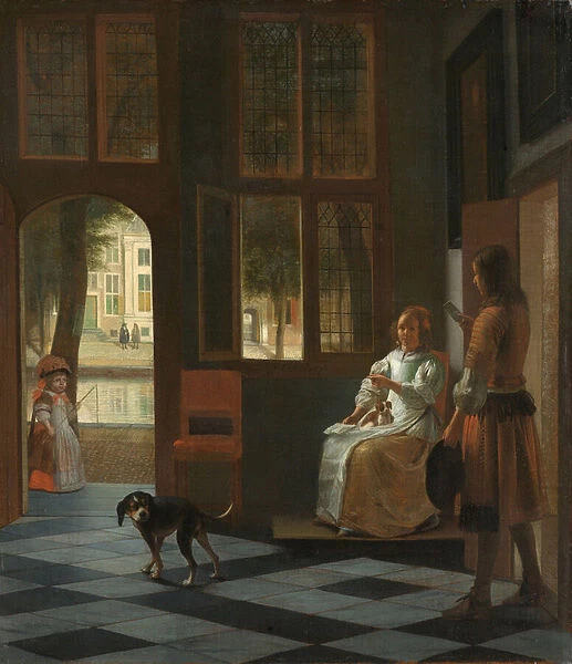 Man Handing a Letter to a Woman in the Entrance Hall of a House, 1670 (oil on canvas)