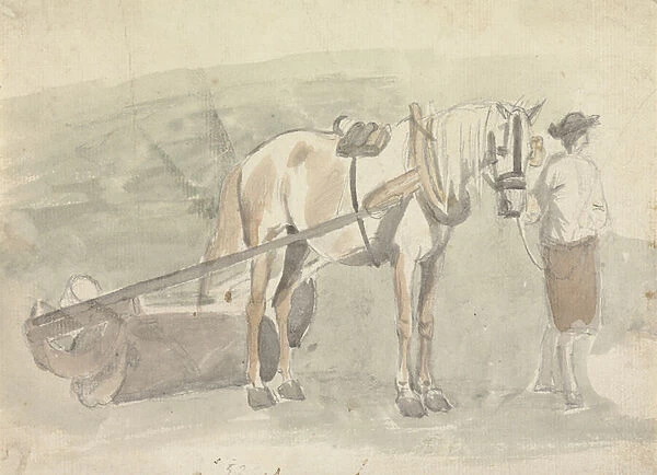 Man with a horse harnessed to a roller (graphite & w  /  c on paper)