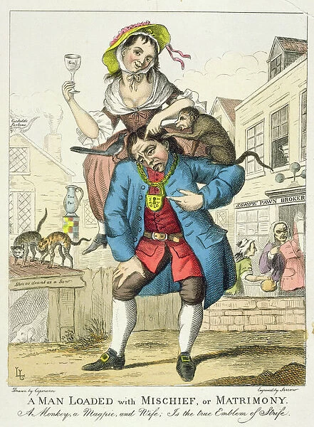 A Man Loaded with Mischief, or Matrimony, c. 1766 (colour etching)