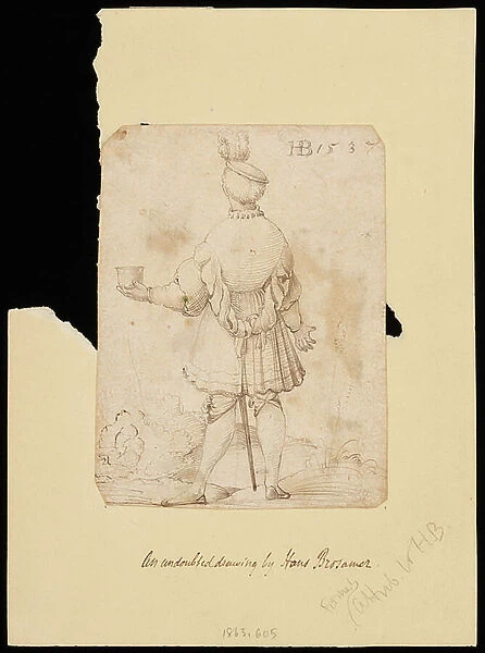 Man in a plumed hat seen from behind, holding out a cup in his left hand, 1537 (pen and brown ink on paper)