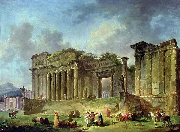 Man sketching the ruins of a classical temple (oil on canvas)