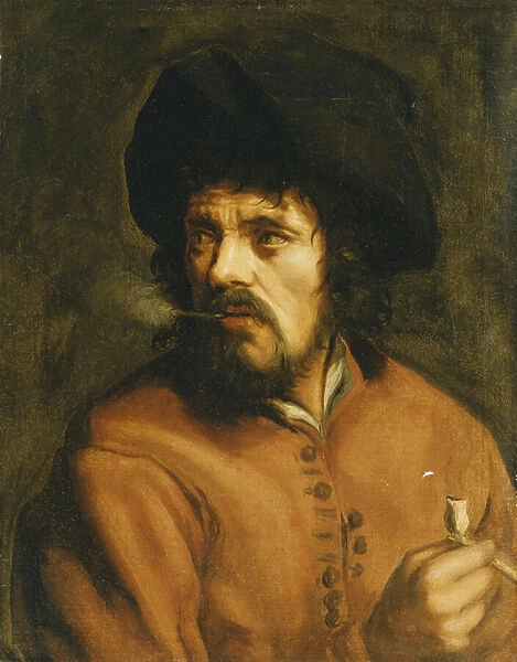 A Man Smoking a Clay Pipe, (oil on canvas)