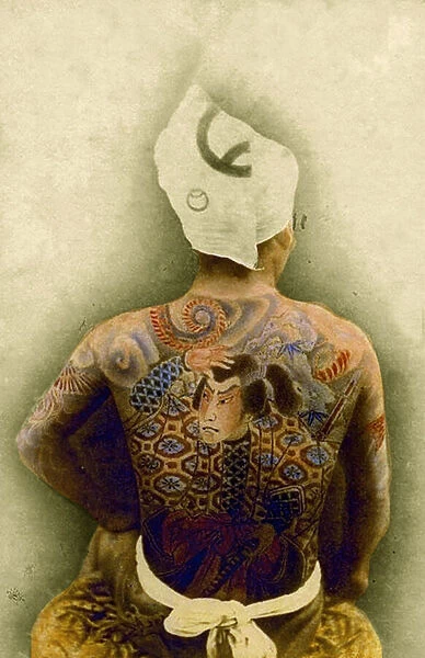 Man with traditional Japanese Irezumi tattoo, c. 1880 (hand coloured albumen photo)